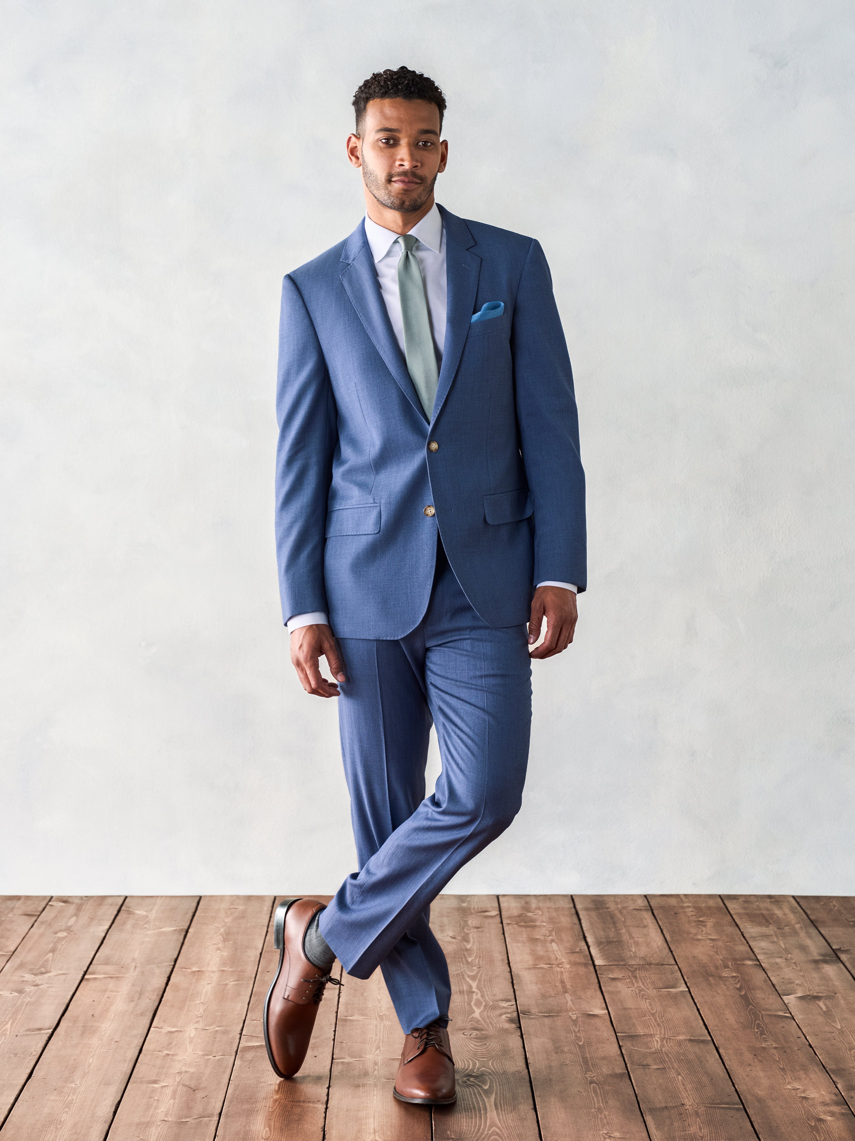 Blue pants shops grey jacket suit