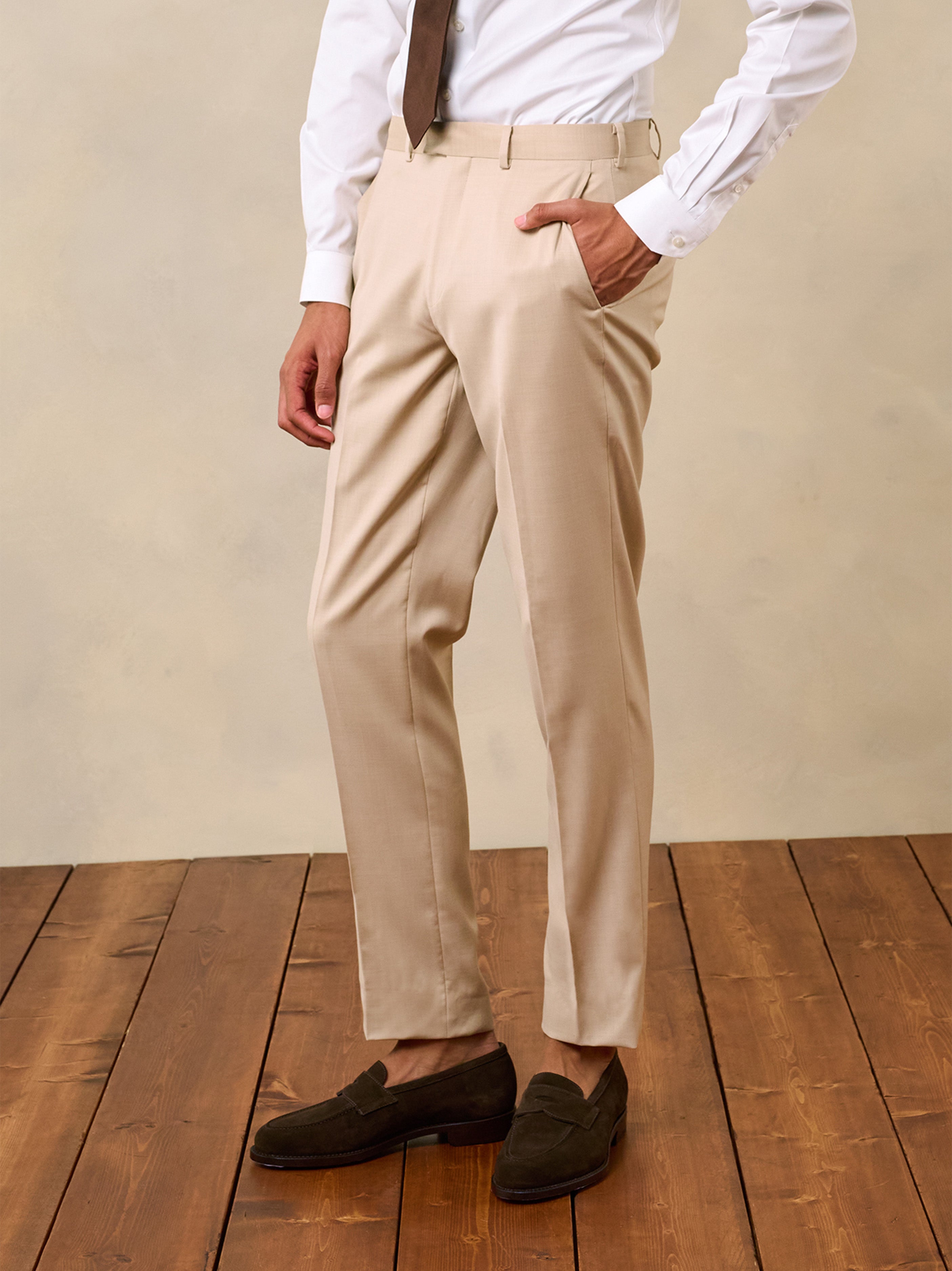 Beige fashion trousers white shirt