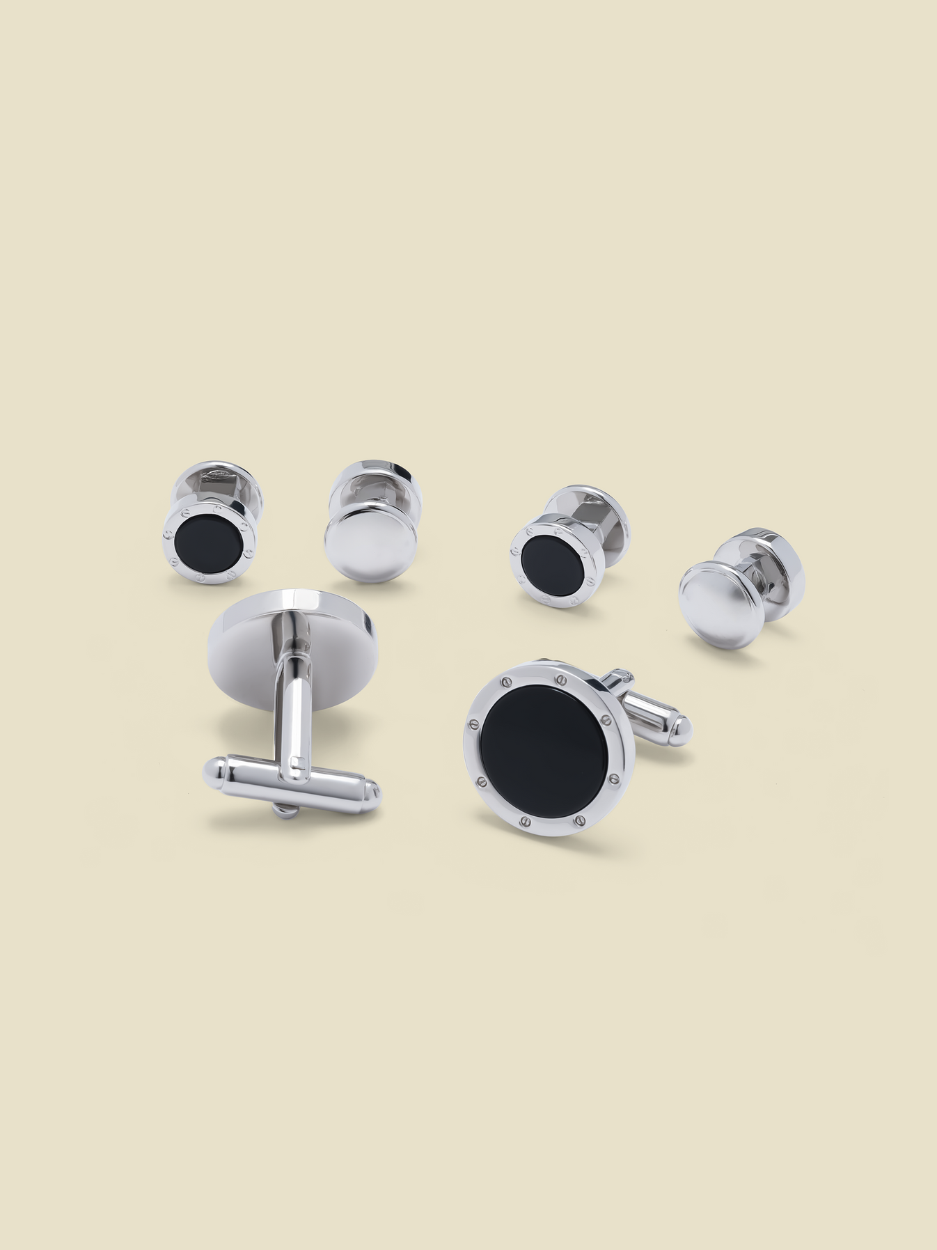 Round Riveted Obsidian Cufflinks &amp; Studs Set