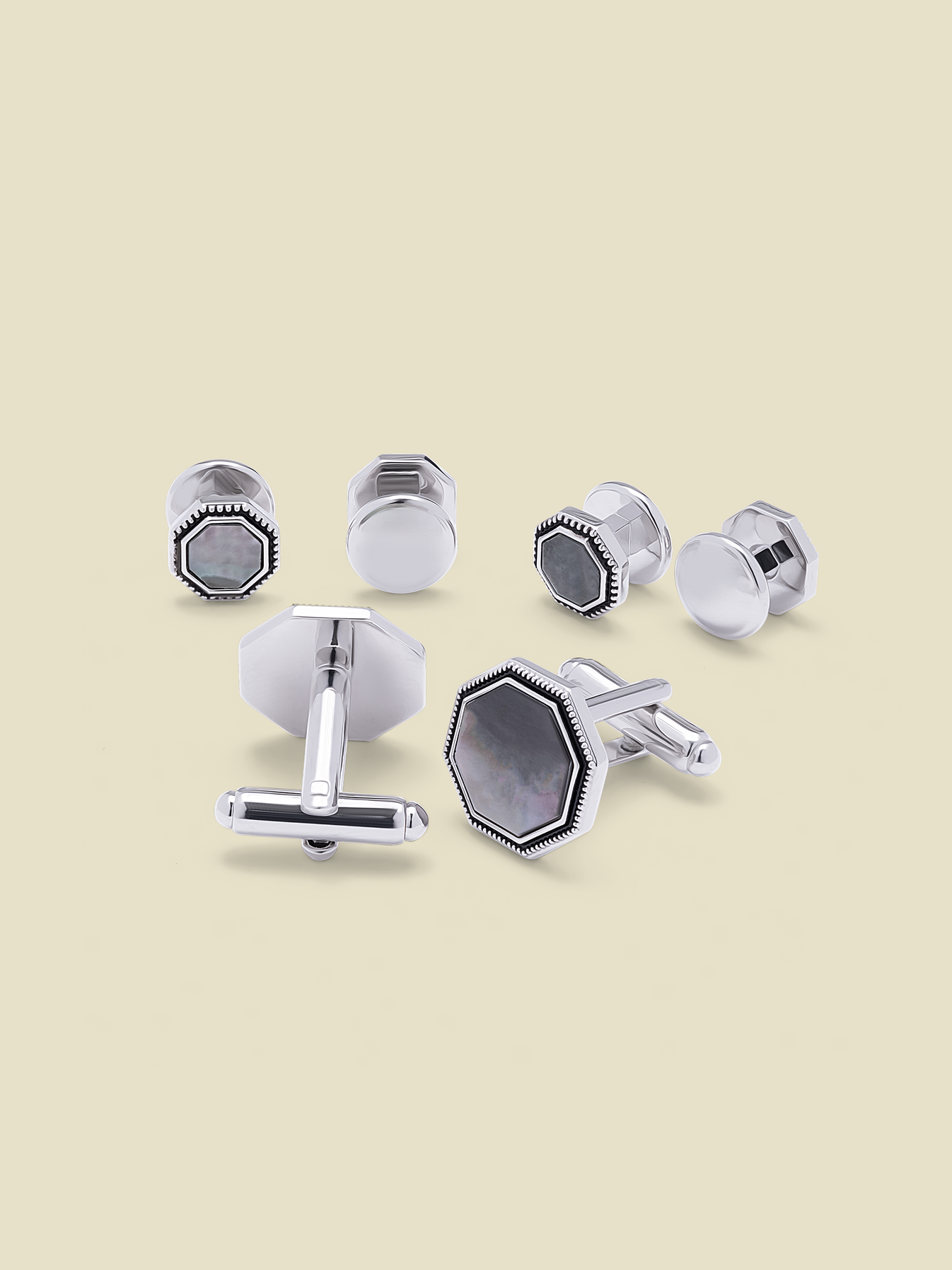 Octagon Milgrain Mother of Pearl Cufflinks &amp; Studs Set